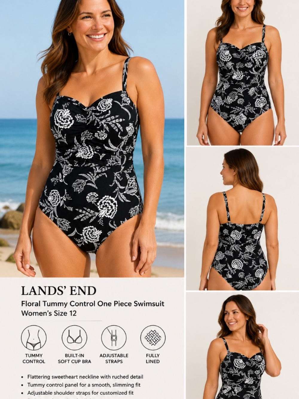 Lands' End Tummy Control Floral One Piece Swimsuit Black White Size 12